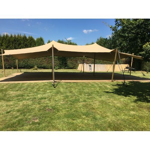 Stretchtent 6,5x6,5 meter zandkleurig inclusief op en afbouw